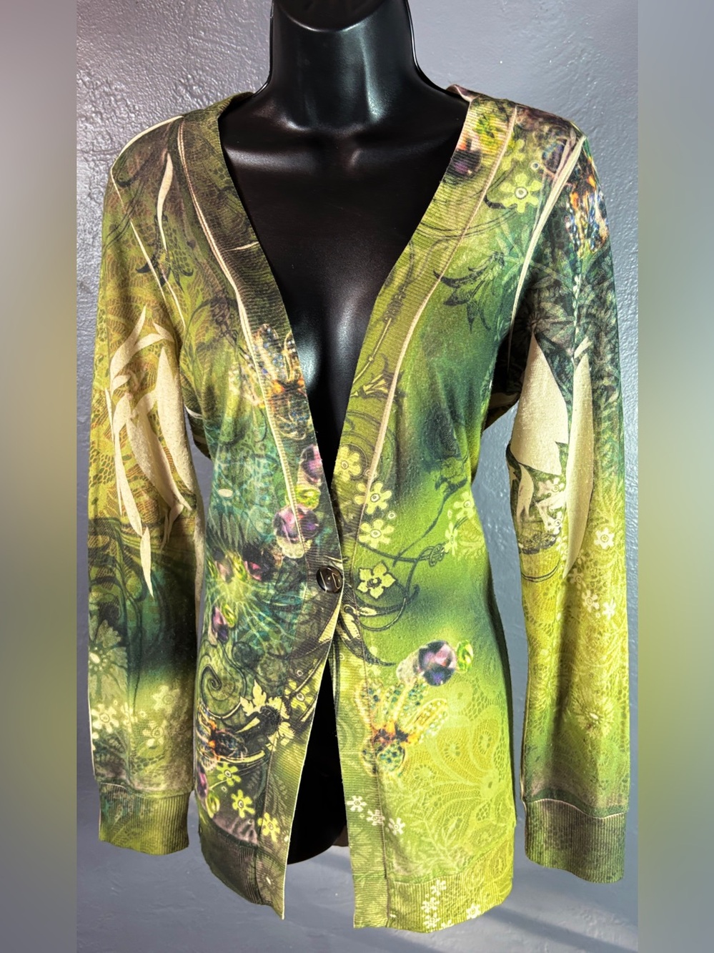 TILL THE END Green Mixed Print 1-Button V-Neck Cardigan Size XL
